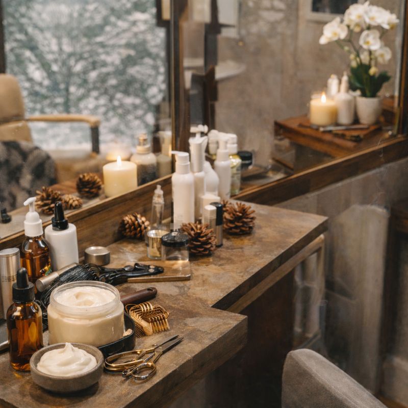 Salon hair products, candles and pine cones on a counter by a wintry window